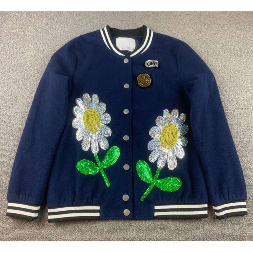 Signature 8 Varsity Bomber Jacket Women S Navy Blue‎ Sequin Daisy Floral